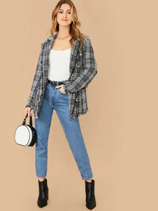 CM-CS031630 Women Elegant European Style Lapel Collar Double Breasted Flap Detail Tweed Blazer