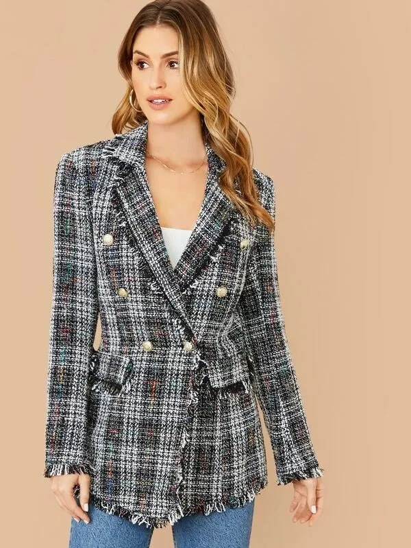 CM-CS031630 Women Elegant European Style Lapel Collar Double Breasted Flap Detail Tweed Blazer