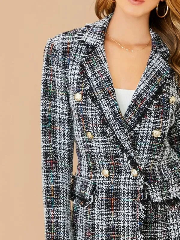 CM-CS031630 Women Elegant European Style Lapel Collar Double Breasted Flap Detail Tweed Blazer