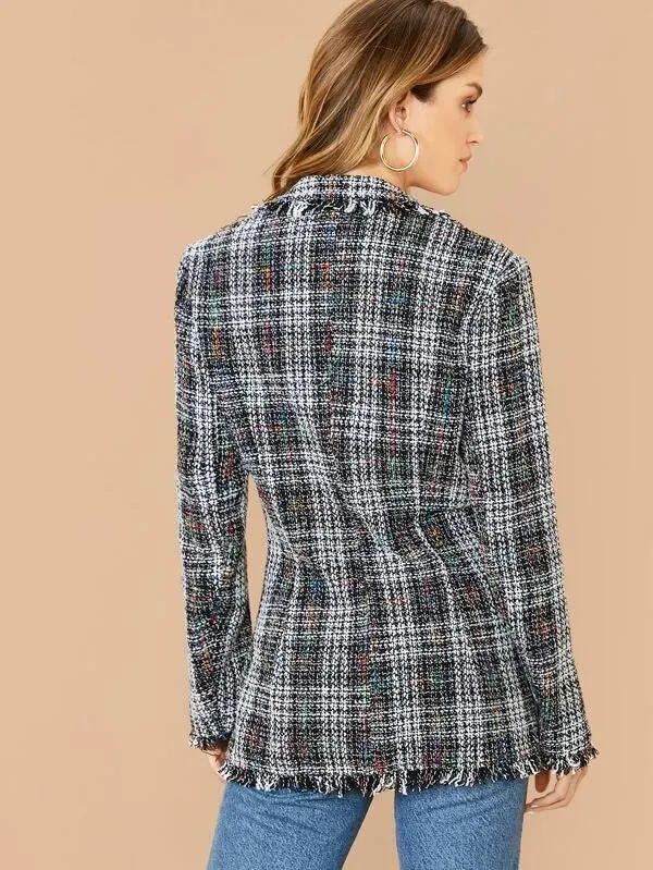 CM-CS031630 Women Elegant European Style Lapel Collar Double Breasted Flap Detail Tweed Blazer