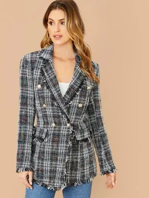 CM-CS031630 Women Elegant European Style Lapel Collar Double Breasted Flap Detail Tweed Blazer