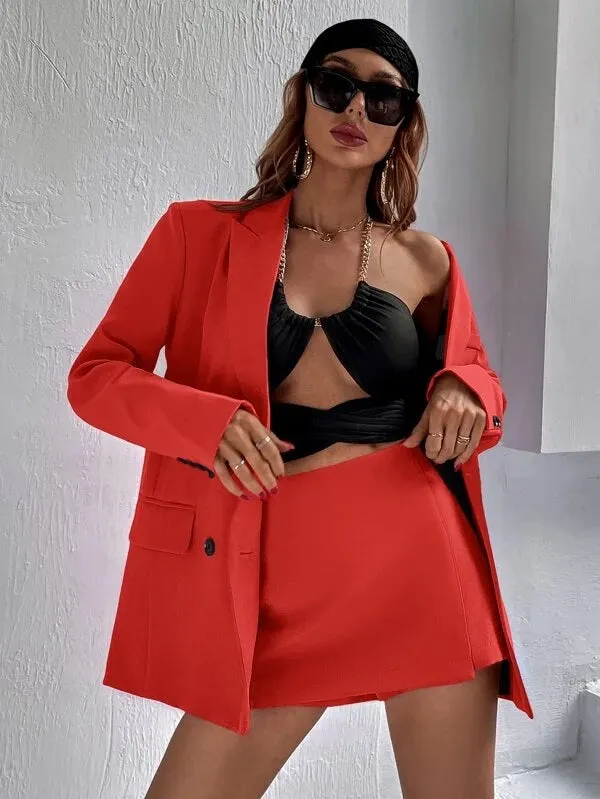 CM-CS033404 Women Elegant Seoul Style Flap Detail Double Breasted Lapel Neck Blazer - Orange