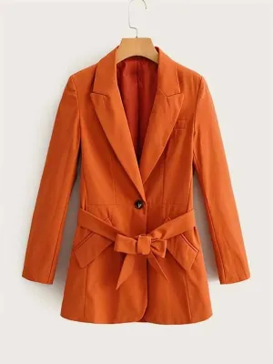 CM-CS122087 Women Elegant Seoul Style Long Sleeve Lapel Collar Single Button Belted Blazer - Orange