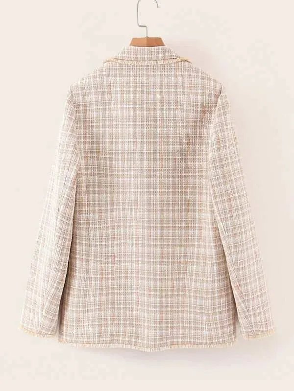 CM-CS125639 Women Elegant European Style Double Breasted Pocket Plaid Tweed Blazer - Khaki