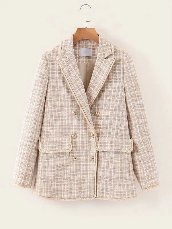 CM-CS125639 Women Elegant European Style Double Breasted Pocket Plaid Tweed Blazer - Khaki