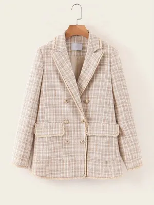 CM-CS125639 Women Elegant European Style Double Breasted Pocket Plaid Tweed Blazer - Khaki