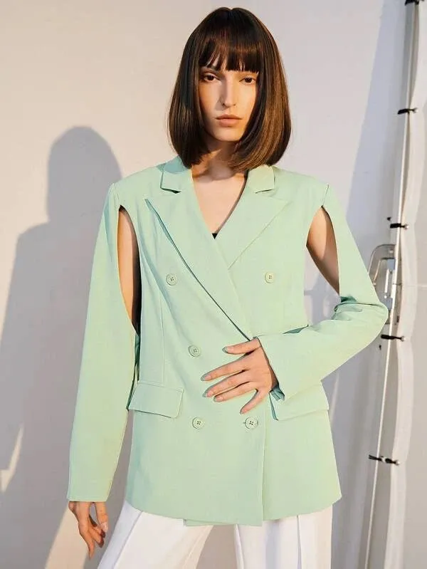 CM-CS515723 Women Elegant Seoul Style Lapel Neck Cut Out Double Breasted Blazer - Mint Green