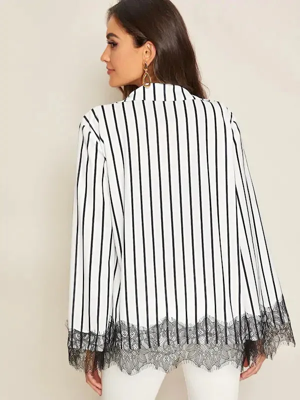 CM-CS702432 Women Elegant Seoul Style Notch Neck Eyelash Lace Trim Striped Cape Blazer