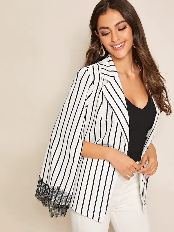 CM-CS702432 Women Elegant Seoul Style Notch Neck Eyelash Lace Trim Striped Cape Blazer