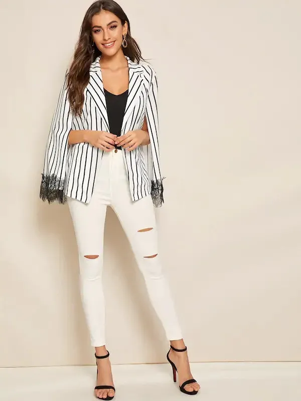 CM-CS702432 Women Elegant Seoul Style Notch Neck Eyelash Lace Trim Striped Cape Blazer