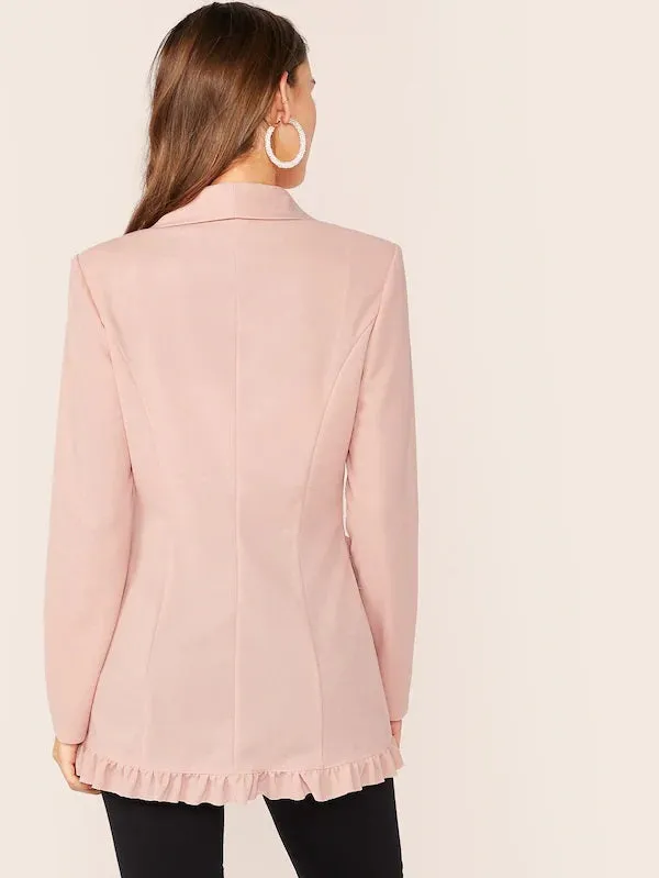 CM-CS712183 Women Elegant Seoul Style Shawl Long Sleeve Collar Frill Trim Button Front Blazer - Pink