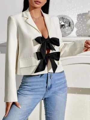 CM-CS732130 Women Elegant Seoul Style Bow Front Lapel Collar Blazer - White