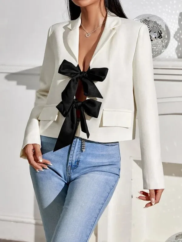 CM-CS732130 Women Elegant Seoul Style Bow Front Lapel Collar Blazer - White