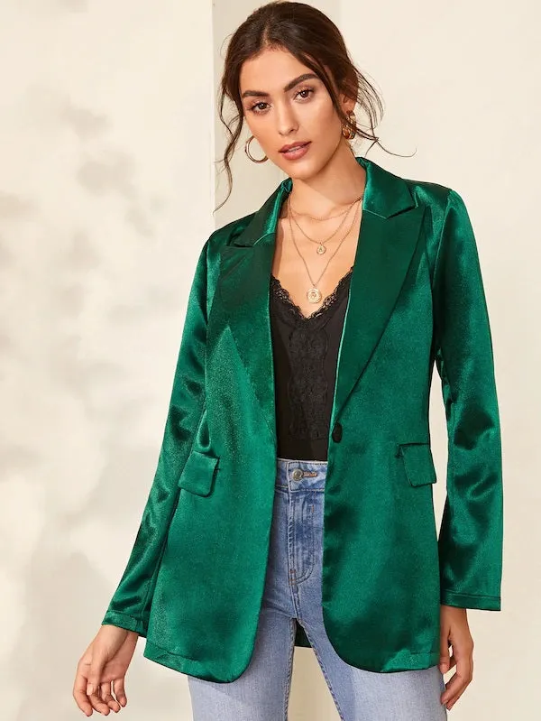 CM-CS813542 Women Elegant Seoul Style Long Sleeve Solid Notched Collar Satin Blazer - Green