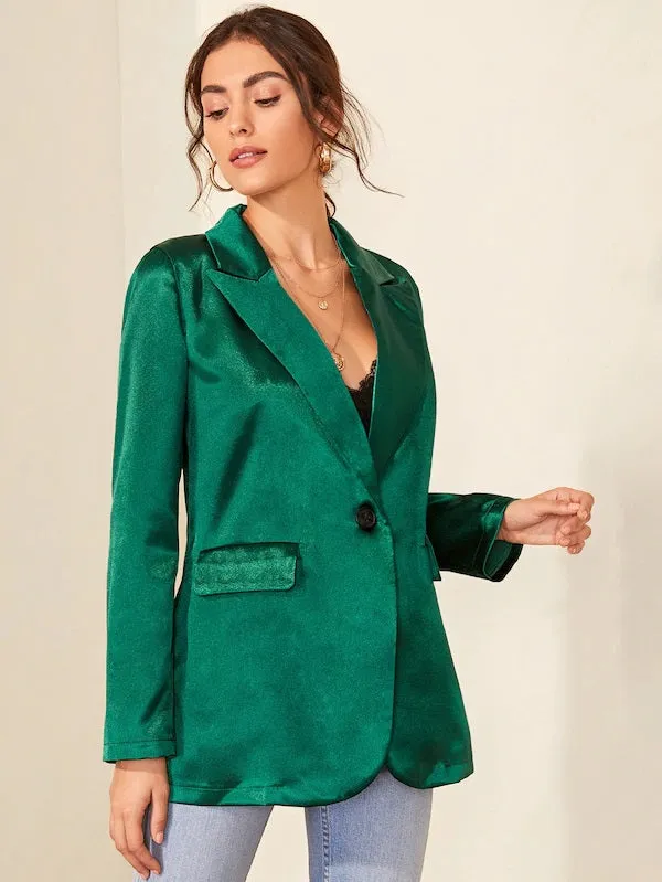 CM-CS813542 Women Elegant Seoul Style Long Sleeve Solid Notched Collar Satin Blazer - Green