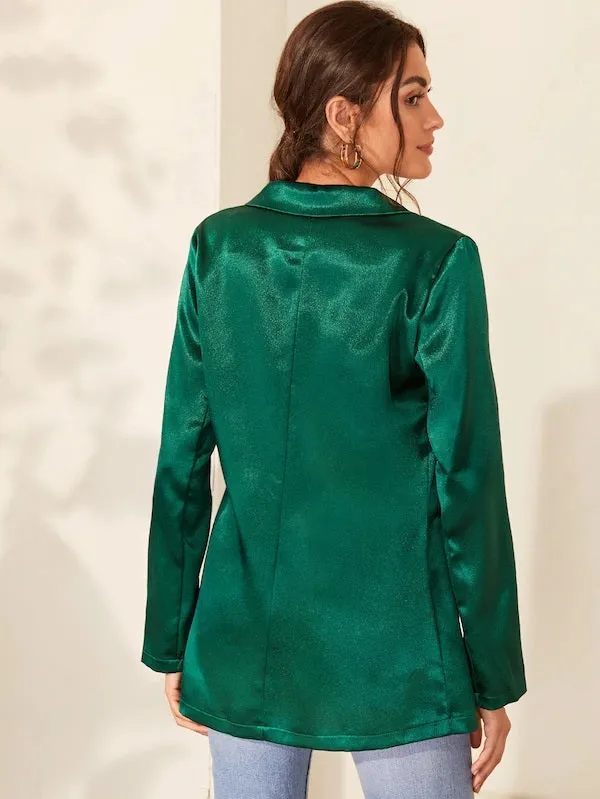 CM-CS813542 Women Elegant Seoul Style Long Sleeve Solid Notched Collar Satin Blazer - Green