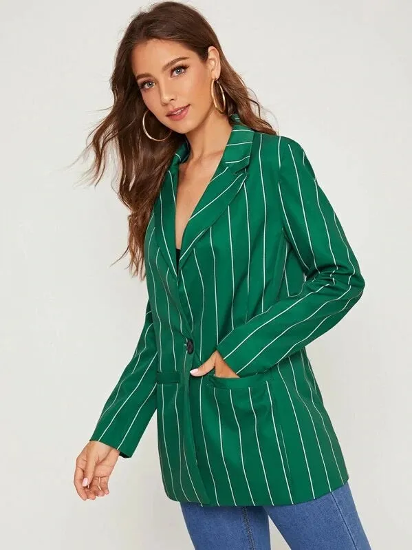 CM-CS813863 Women Elegant Seoul Style Long Sleeve Dual Pocket Single Button Striped Blazer - Green