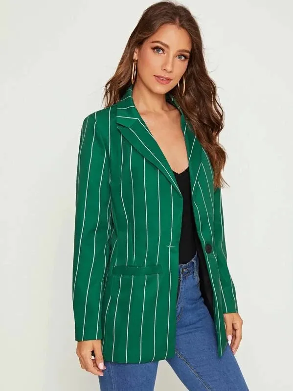 CM-CS813863 Women Elegant Seoul Style Long Sleeve Dual Pocket Single Button Striped Blazer - Green