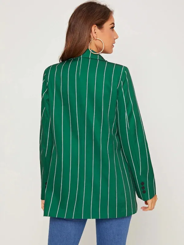 CM-CS813863 Women Elegant Seoul Style Long Sleeve Dual Pocket Single Button Striped Blazer - Green