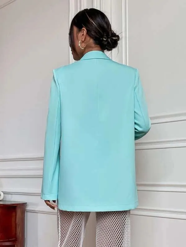 CM-CS869049 Women Elegant Seoul Style Solid Single Button Long Blazer - Mint Blue