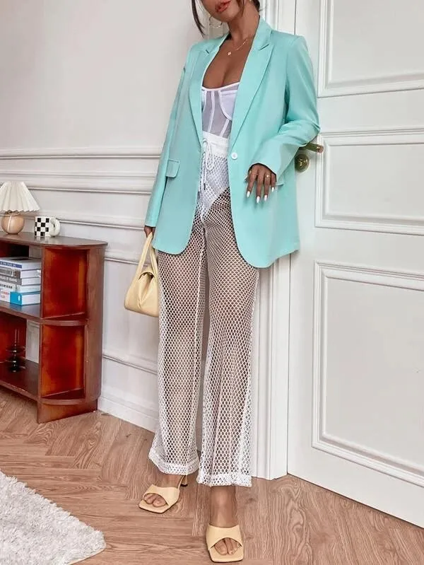 CM-CS869049 Women Elegant Seoul Style Solid Single Button Long Blazer - Mint Blue