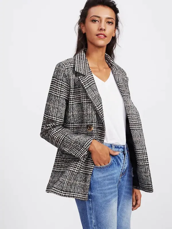 CM-CS922101 Women Elegant Seoul Style Long Sleeve Double Breasted Check Tweed Blazer - Gray