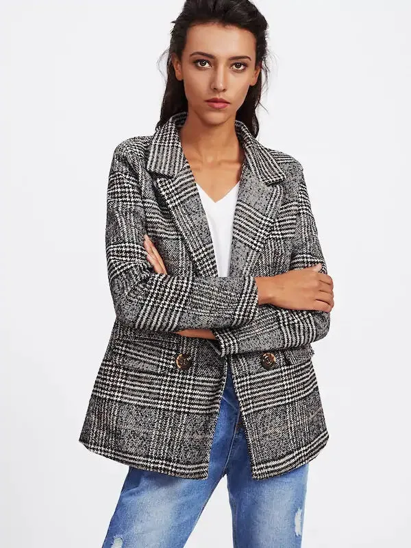 CM-CS922101 Women Elegant Seoul Style Long Sleeve Double Breasted Check Tweed Blazer - Gray