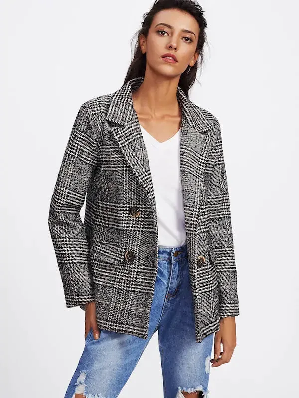 CM-CS922101 Women Elegant Seoul Style Long Sleeve Double Breasted Check Tweed Blazer - Gray