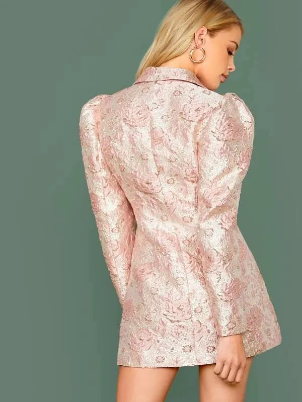 CM-CS923567 Women Elegant European Style Notched Collar Floral Jacquard Blazer Dress - Pink