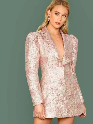 CM-CS923567 Women Elegant European Style Notched Collar Floral Jacquard Blazer Dress - Pink