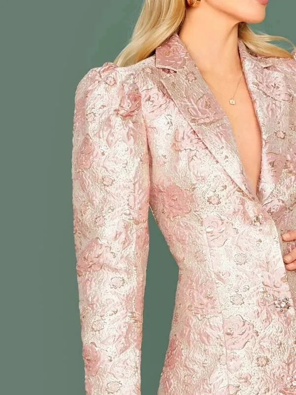 CM-CS923567 Women Elegant European Style Notched Collar Floral Jacquard Blazer Dress - Pink