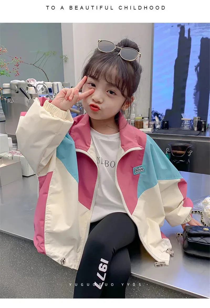 Colorblocking Jackets Spring Girls Fashion Thin Coats Autumn Children Clothes Big Kids Casual Zipper Outerwear