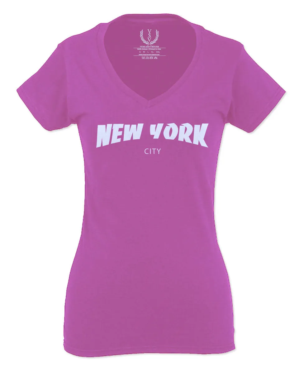 Cool Skateboarding New York City Fonts Good Vibe Graphic For Women V neck fitted T Shirt