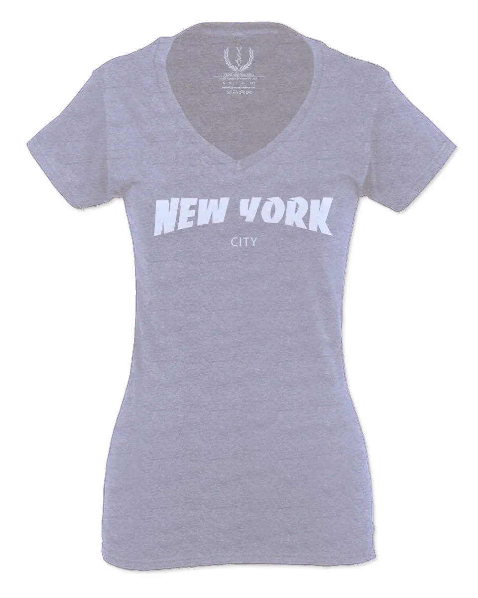 Cool Skateboarding New York City Fonts Good Vibe Graphic For Women V neck fitted T Shirt