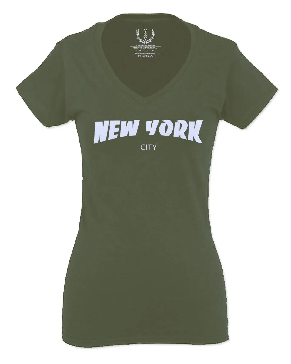 Cool Skateboarding New York City Fonts Good Vibe Graphic For Women V neck fitted T Shirt