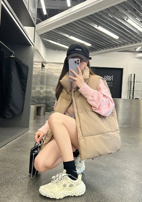 Cozy Solid Puffer Vest with High Collar and Pockets