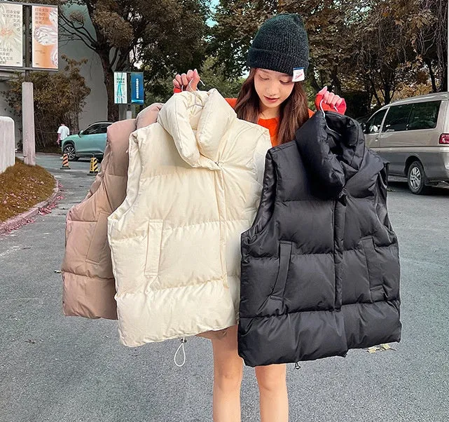 Cozy Solid Puffer Vest with High Collar and Pockets