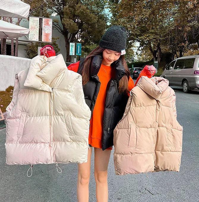 Cozy Solid Puffer Vest with High Collar and Pockets