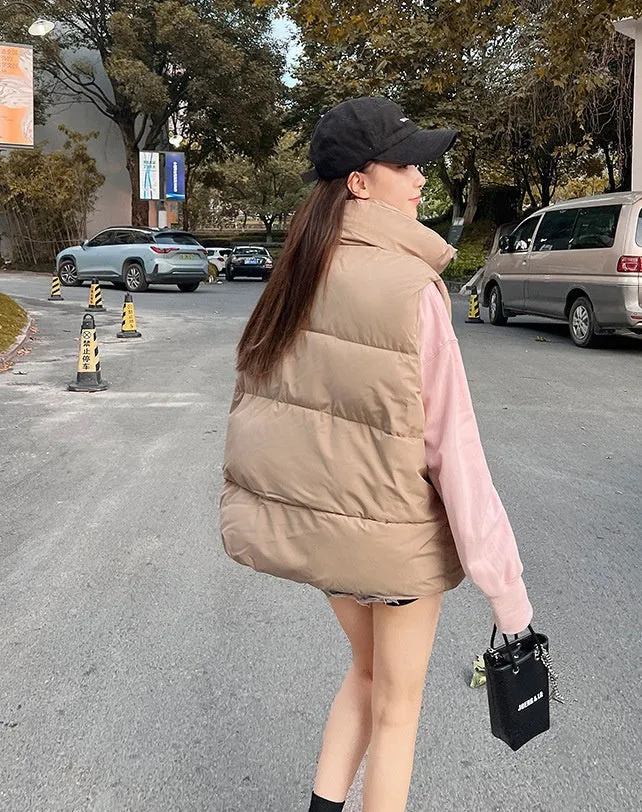 Cozy Solid Puffer Vest with High Collar and Pockets