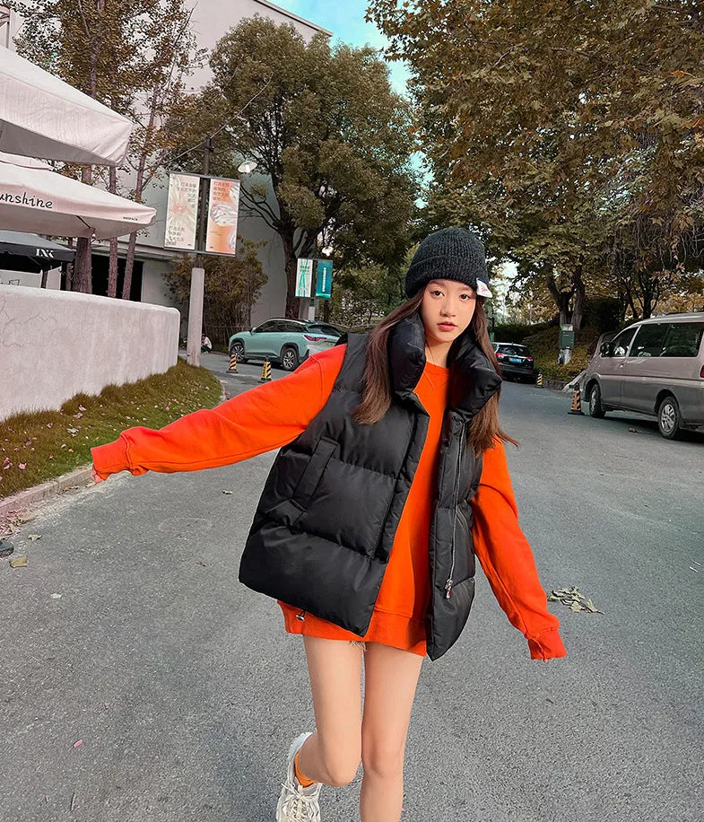 Cozy Solid Puffer Vest with High Collar and Pockets