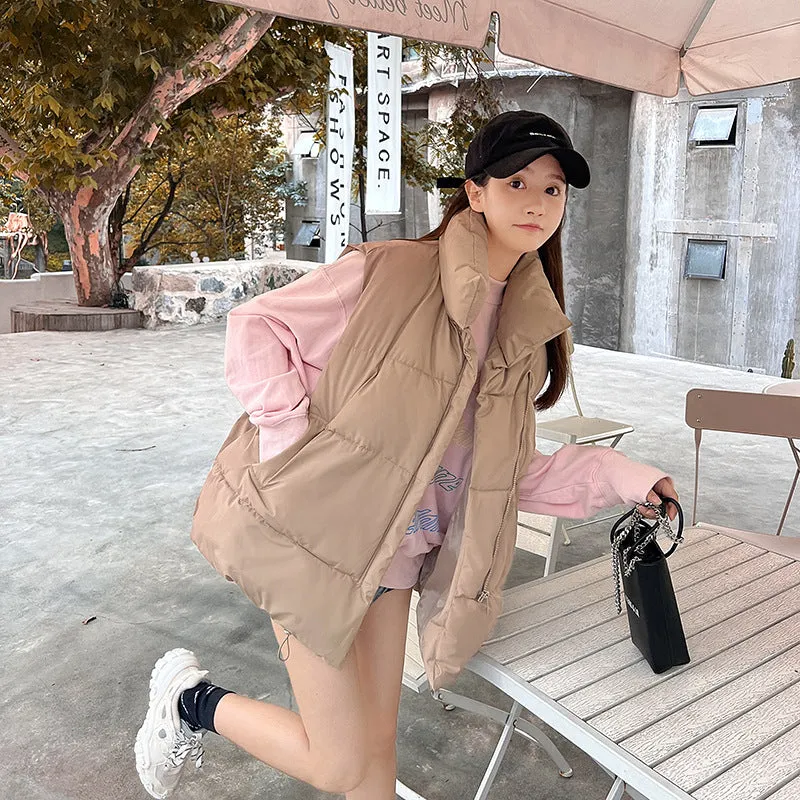 Cozy Solid Puffer Vest with High Collar and Pockets
