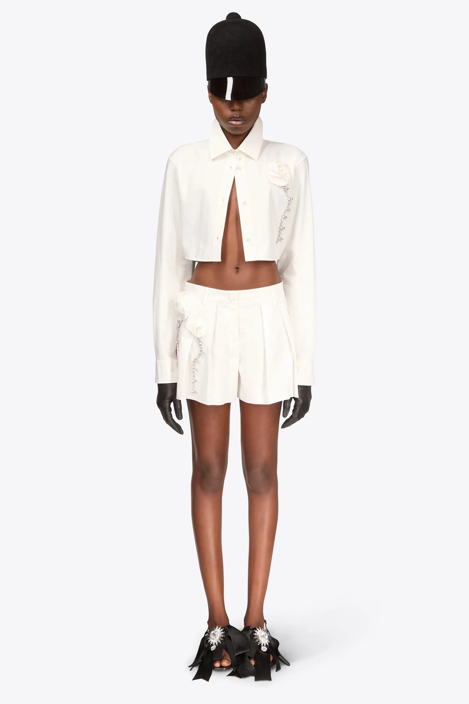 CRYSTAL ROSETTE POPLIN CROPPED SHIRT