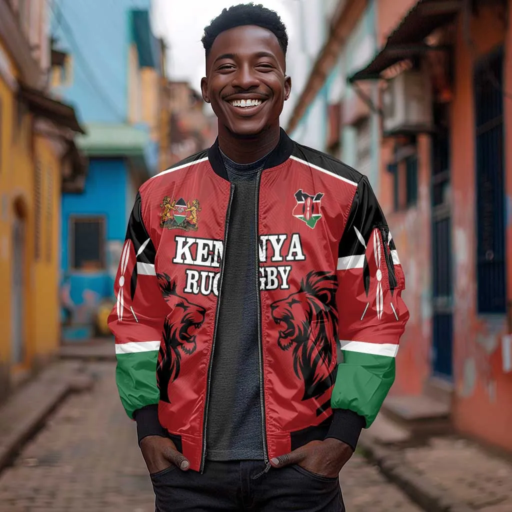 Custom Afro Kenya Rugby Sleeve Zip Bomber Jacket African Lion Head LT18