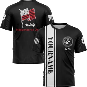 Custom Black 4th July American Flag Military Rank Name Independence Day T-Shirt