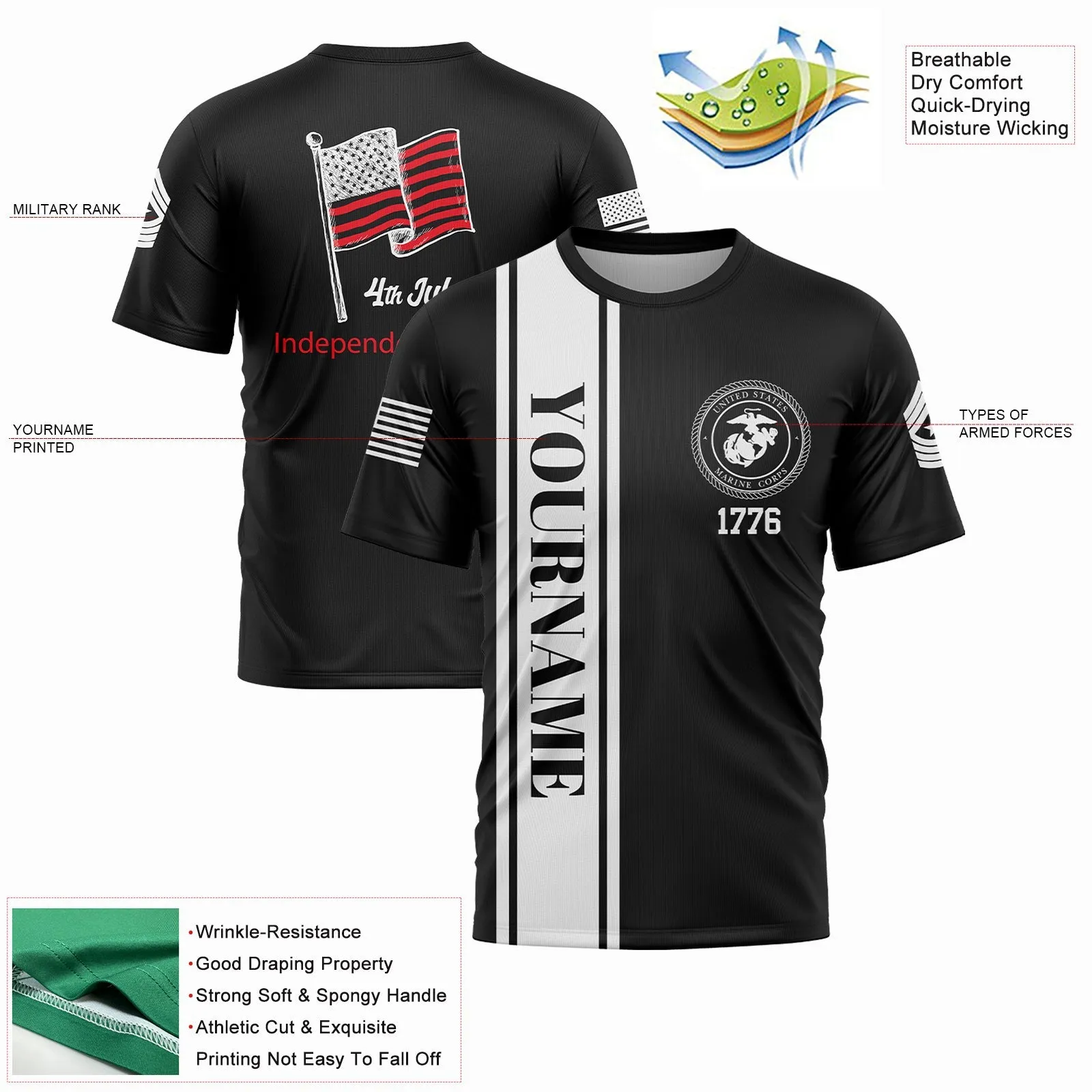 Custom Black 4th July American Flag Military Rank Name Independence Day T-Shirt