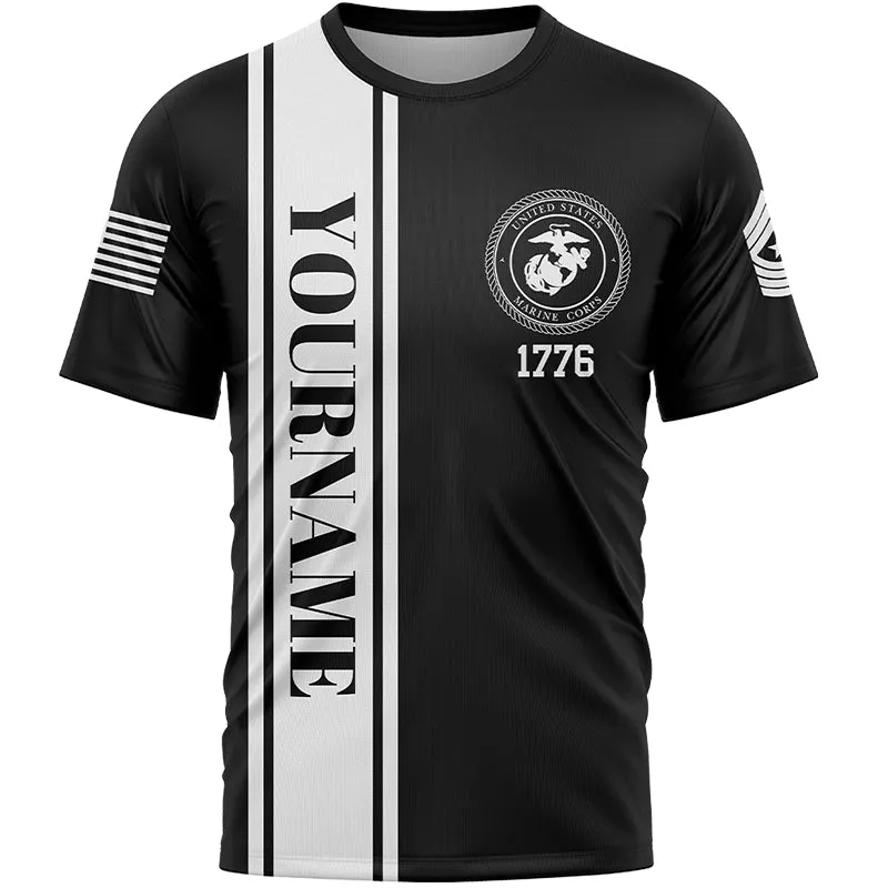 Custom Black 4th July American Flag Military Rank Name Independence Day T-Shirt