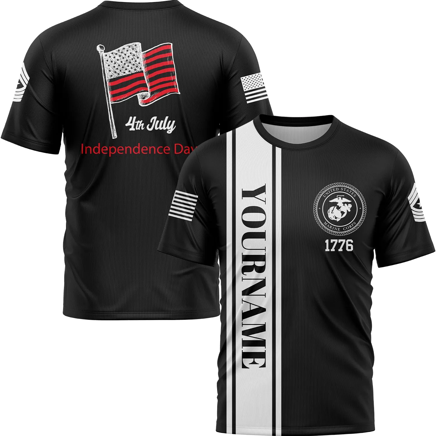 Custom Black 4th July American Flag Military Rank Name Independence Day T-Shirt