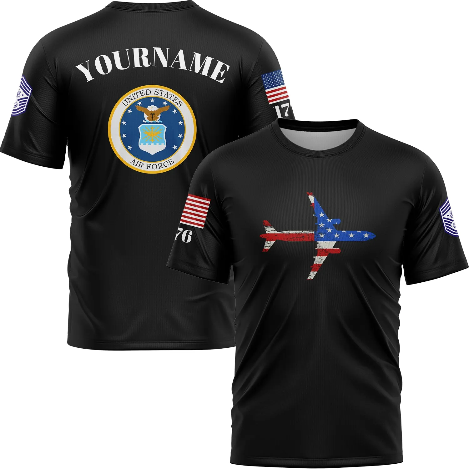 Custom Black Fighter 1776 American Flag U.S Air Force Military Rank Name T-Shirt