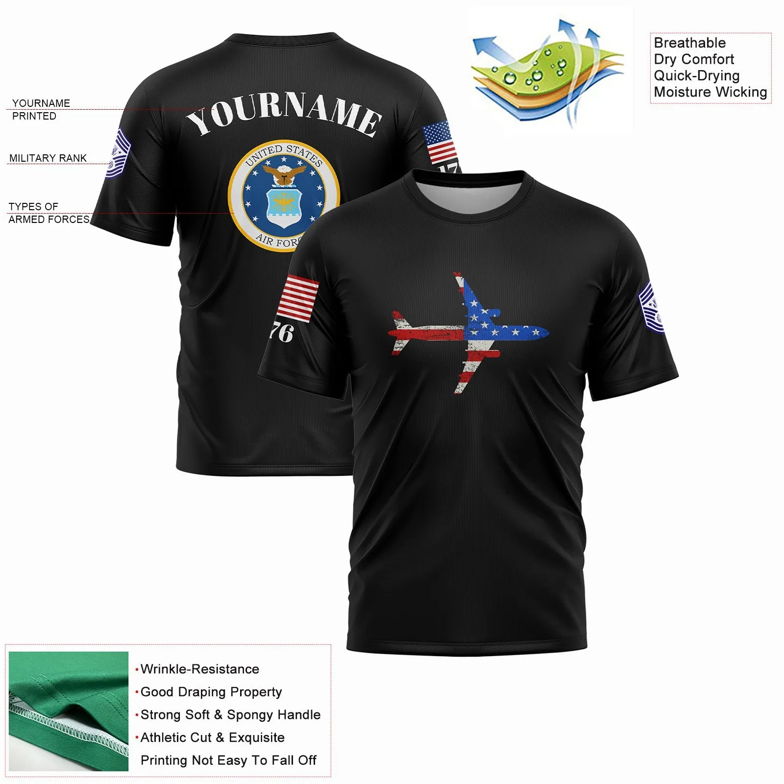 Custom Black Fighter 1776 American Flag U.S Air Force Military Rank Name T-Shirt
