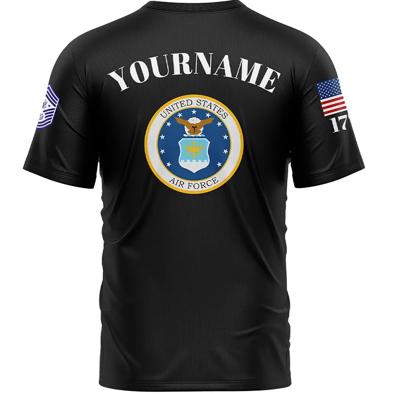 Custom Black Fighter 1776 American Flag U.S Air Force Military Rank Name T-Shirt